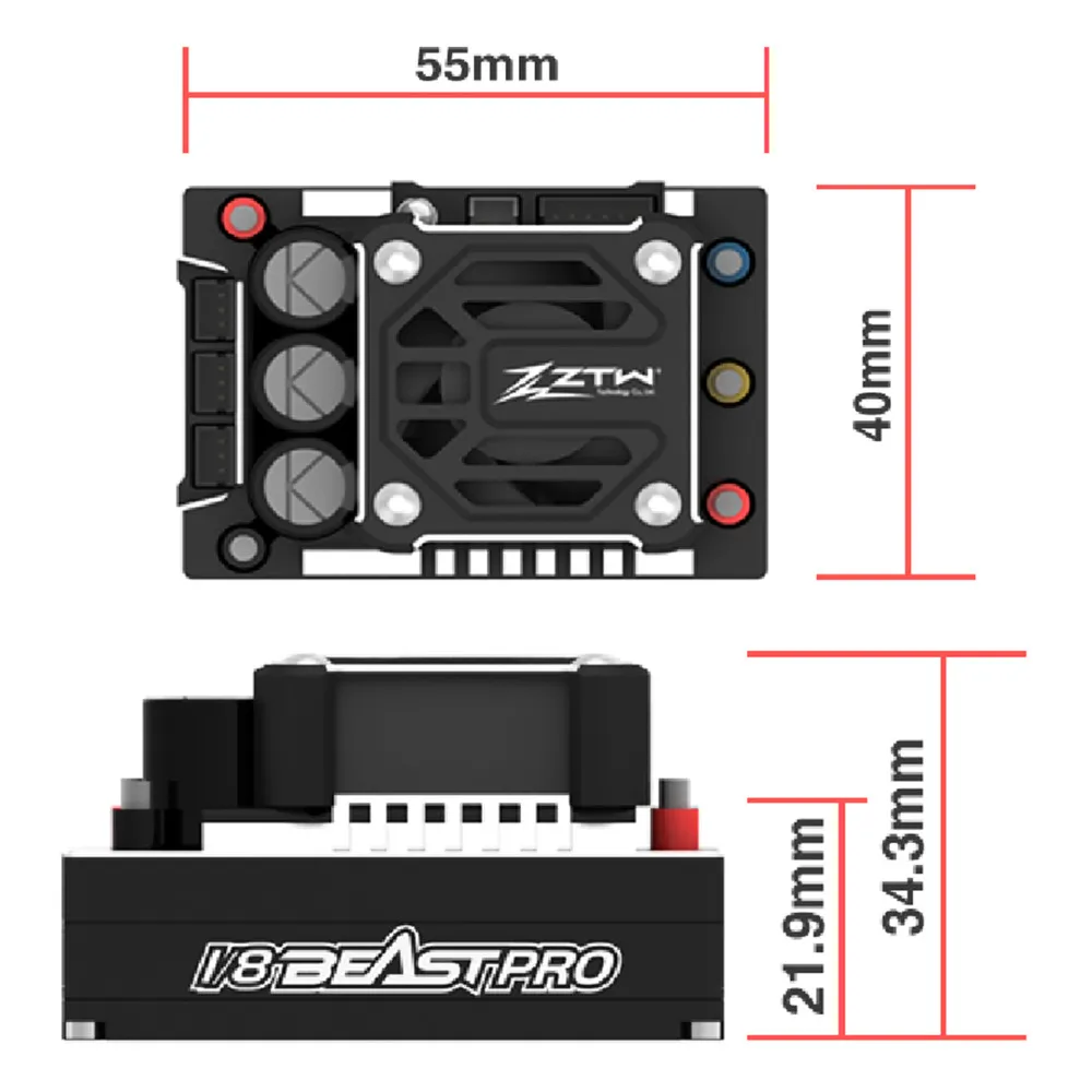 ZTW 1/8 Beast Pro 220A sin escobillas ESC completa caja de aluminio impermeable con 6 V/7,4 V регулируемая 8A BEC