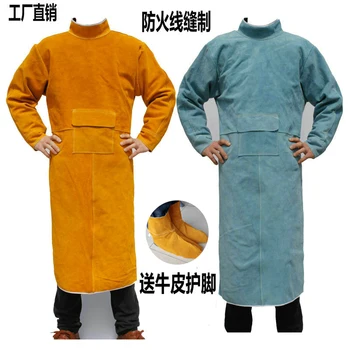 

Real Cow Leather Mens Stand Collar Anti-sparking Electric Welding Coveralls Insulated Workshop Uniforms Blue Orange Brown Apron