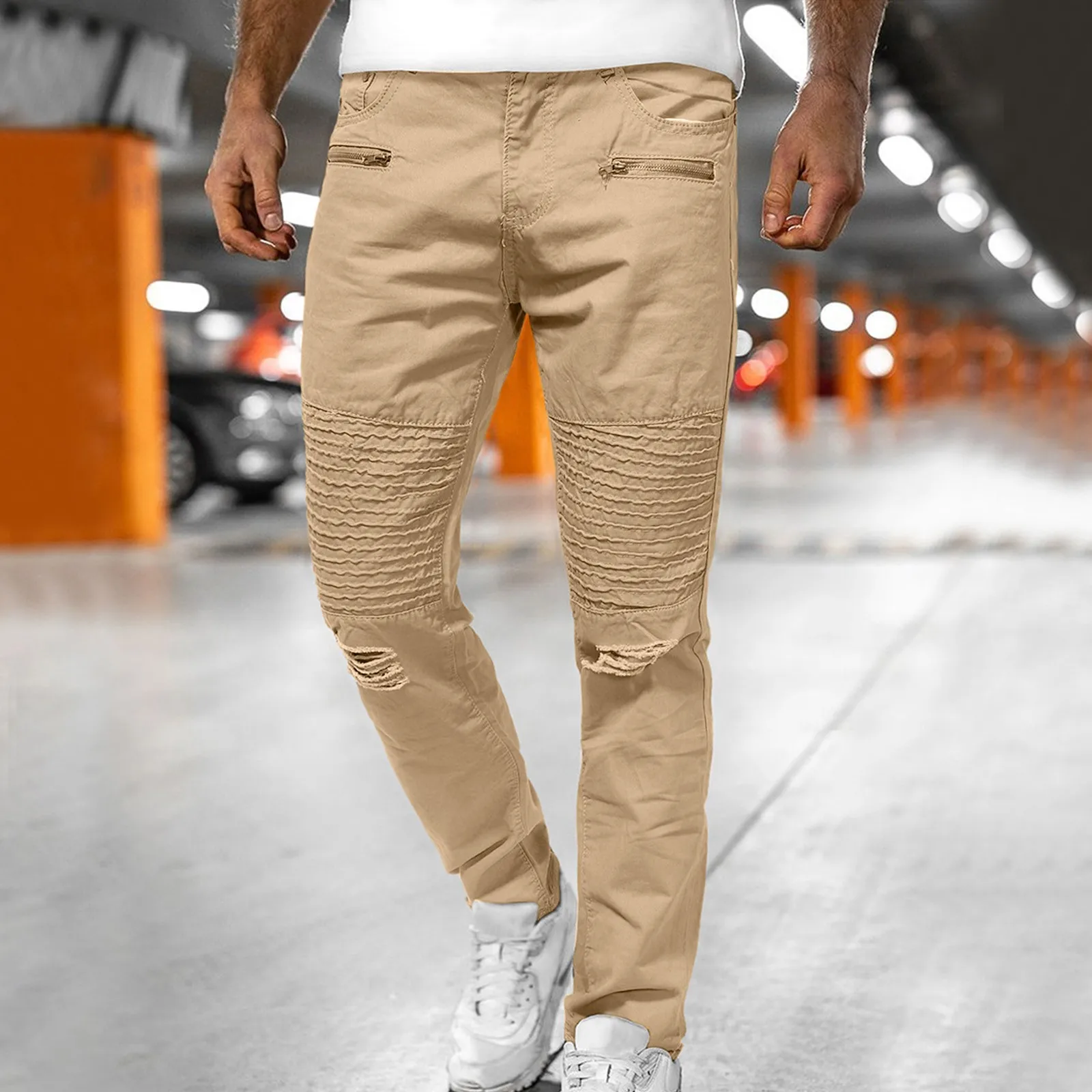 Cargo Pants Trousers For Men Ripped Mid-waist Jeans Men's Button Zip With Pocket Clothing |
