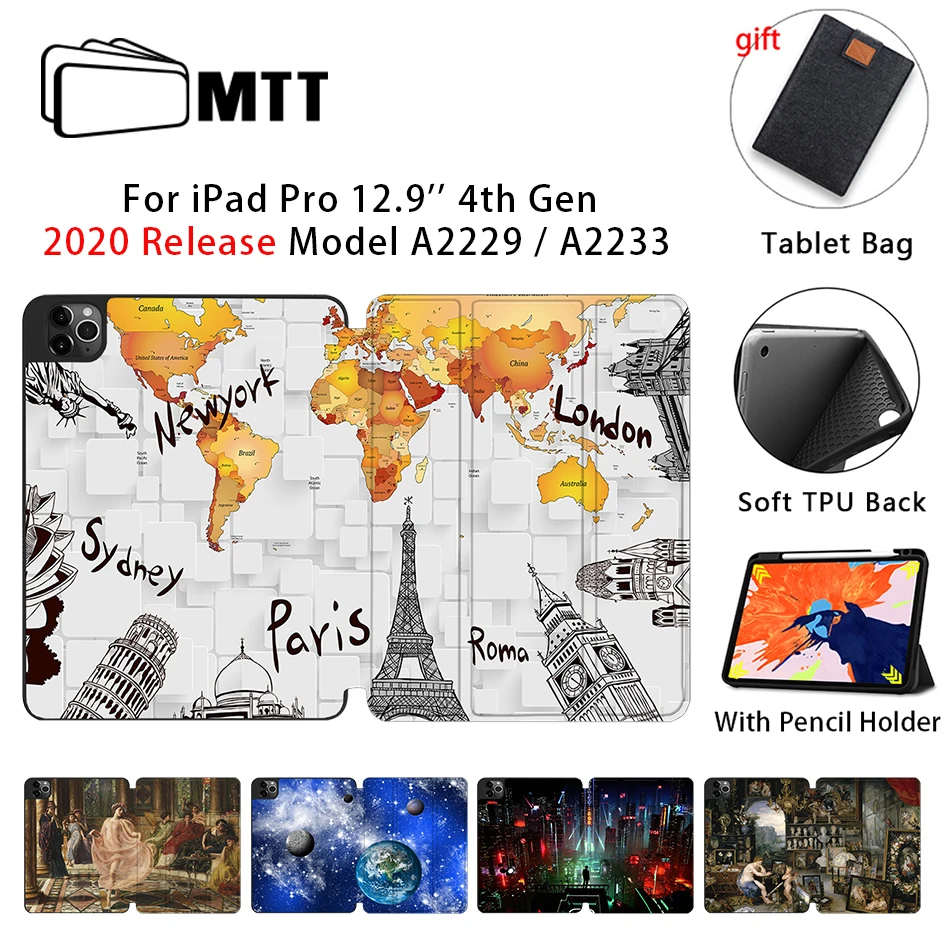 

MTT Soft TPU Back Case For iPad Pro 12.9'' A2229 A2233 2020 Release PU Leather Flip Smart Cover Tablet Case With Pencil Holder