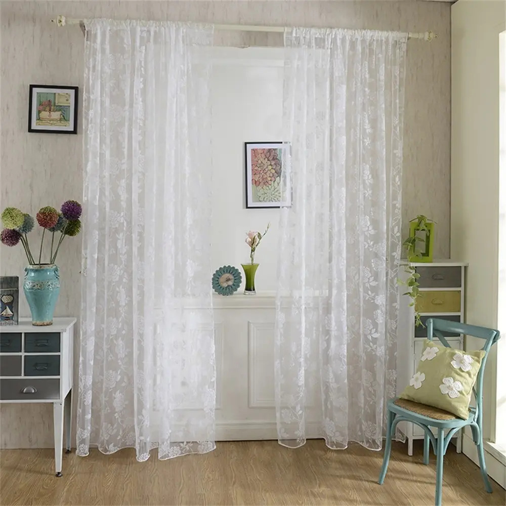

Embroidery Lace Tulle Curtains Panels White Korean Mesh Flowers Window Screens Curtains For Living Room Warp Knitting