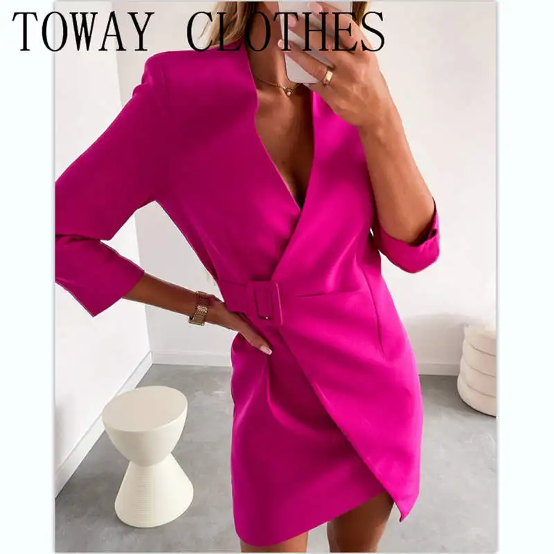 

Hot Pink Dresses For Women 2022 Solid Color V-Neck Belted Blazer Dress Plain Chic Vestidos Elegantes Para Mujer