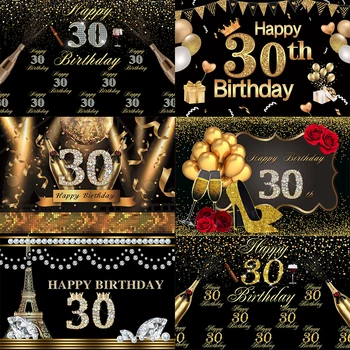 

30th Photo Backdrop Adult Happy Party Balloon Gold Glitter Customized Photography Background Studio Prop Decoration Banner
