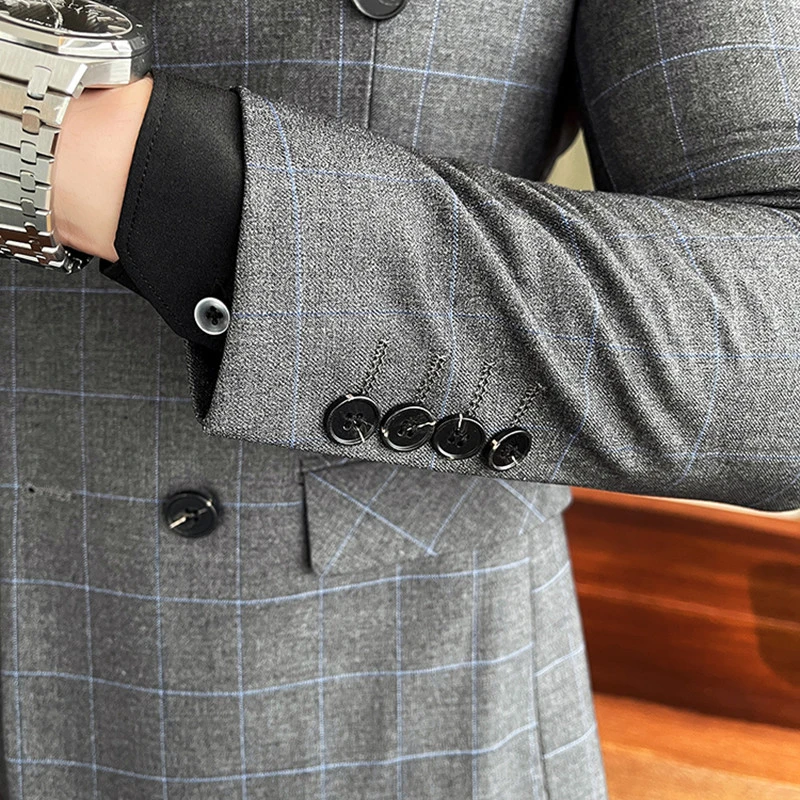 Latest Casual Plaid Men Suit 2021 Slim Fit Double Breasted 3 Pieces Formal Business Men's Set Costume Homme (Blazer+Vest+Pants)