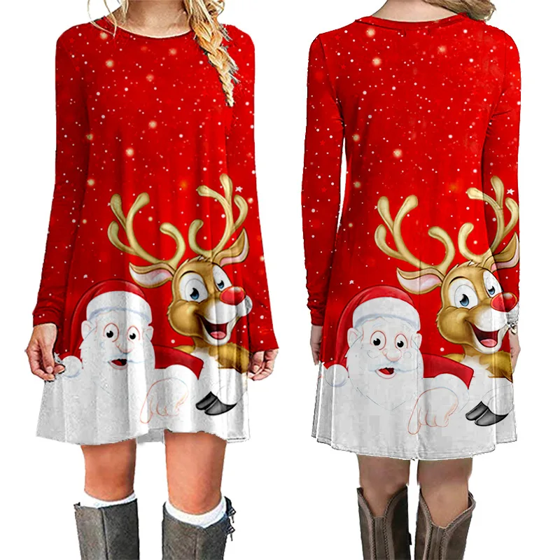 

2019 Autumn Christmas Printed Long Sleeves O Neck Printed Women Loose Dress