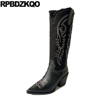 

pointy shoes embroidery high heel jeans black pointed toe women brand chunky embroidered cowgirl denim knee western boots cowboy