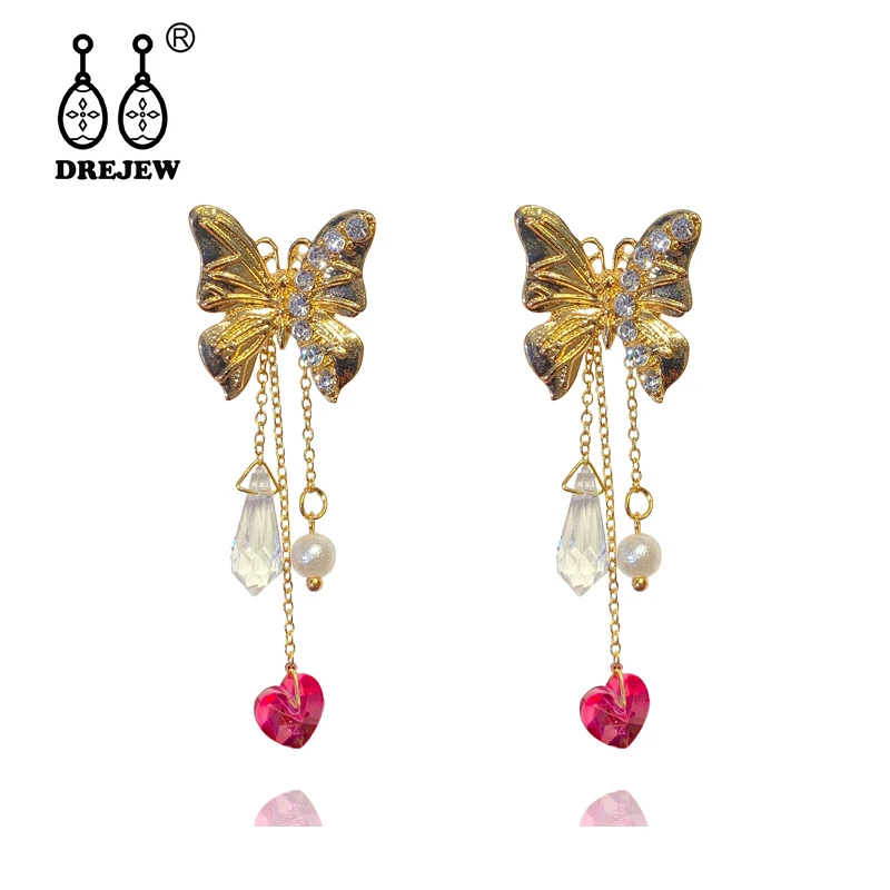 cheap DREJEW Butterfly Long Tassel Rhinestone Statement Earrings 2019 925 Alloy Drop Earrings for Women Wedding Fashion Jewelry HE0641