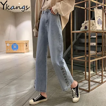 

Women Summer Buttons High Waist Wide Leg Denim Pants Mom Jeans Vintage Loose Straight Trousers Harajuku All-match Wild School