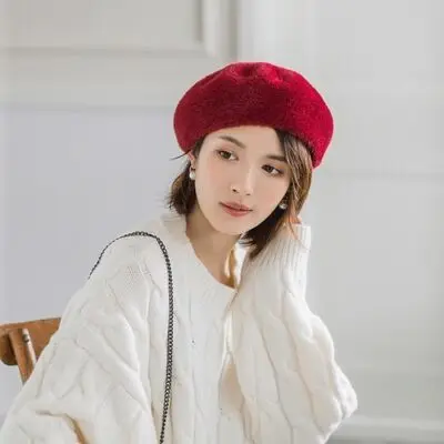 Otomino Invierno moda mujer boina sombrero de piel de conejo sombrero grueso calentador boina mujer sombrero para mujer - Цвет: Red