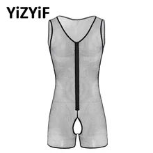 Sexy Mens One-piece Swimsuits See Through Sheer Fishnet Lingerie U-neck Crotchless Front Zipper Tank Leotard Bodysuit Jumpsuit(China)