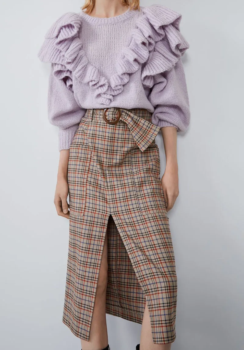 

Europe And America Autumn & Winter WOMEN'S Dress New Style Slit-Front with Belt Plaid Skirt