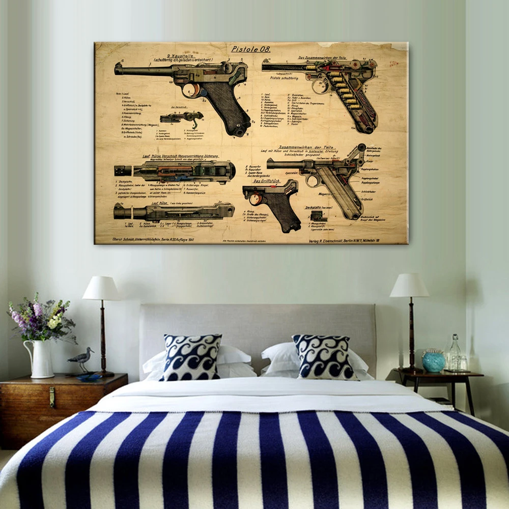 Blueprint Luger Pistol Patent Chart HD Printed Modern Art Poster Canvas Painting Wall Picture Home Decor Posters Prints | Дом и сад