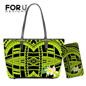 

FOURDESIGNS Polynesian Frangipani Brand Design Luxury Shoulder Bag For Ladies High Quality Female 2set Handbag PU Long Purse New