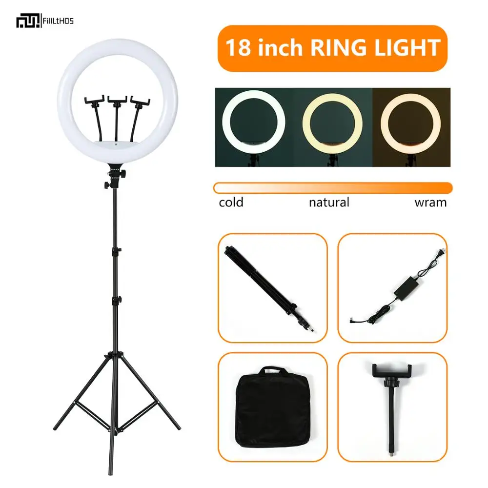 18inch Selfie Ring Light with Stand LED Ring Light for Video Make up Vlog Ring Lamp Including  3 Phone Holder USB & Power Plug