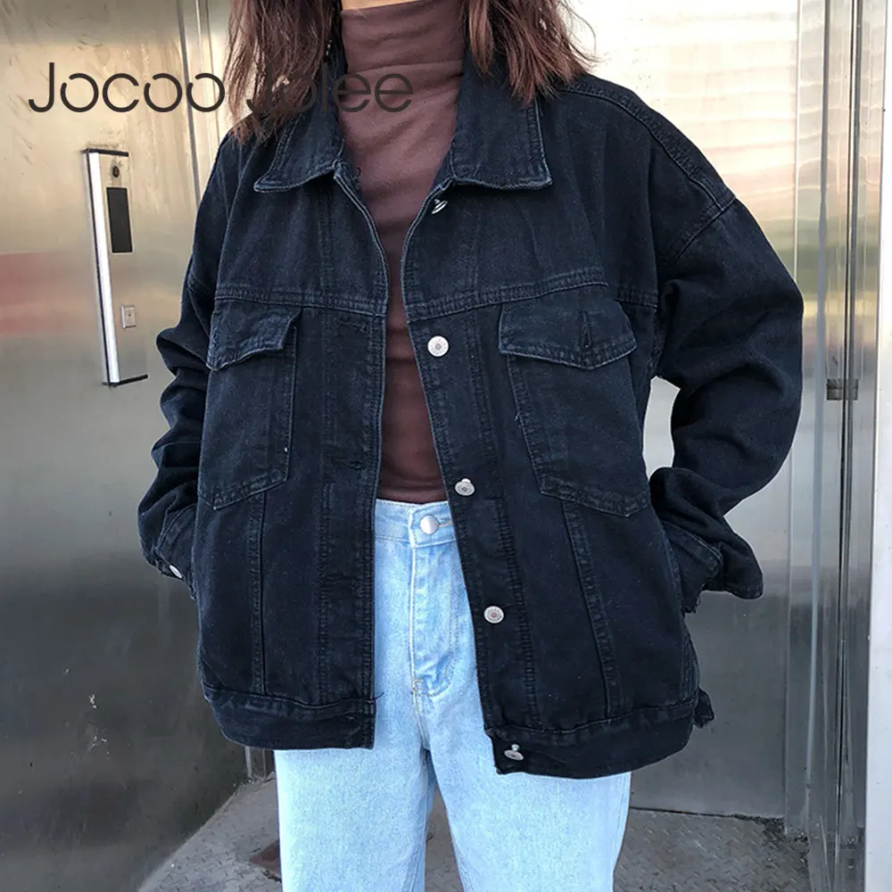 

Jocoo Jolee Women Black Denim Jeckets Vintage Jean Coat Korean Harajuku Loose Jackets Casual Wild BF Style Coat 2021 Outwear