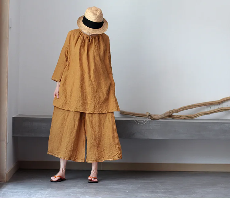 

Summer Literature Flax Embroidery Round Neck Easy Cotton Pullover Shirt 190728
