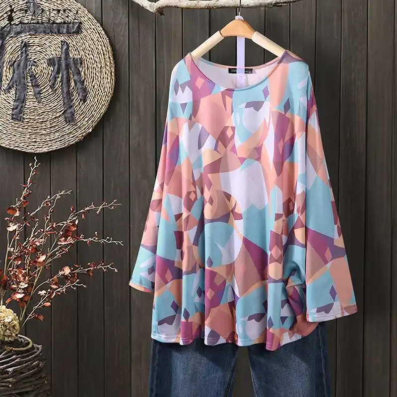  Blusas Top 2019 ZANZEA Spring Causal Shirts Women Long Sleeve Geometric Tunic Tops Vintage Printed 