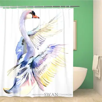 

Bathroom Shower Curtain Animal Watercolor Swan Bird Young Beautiful Beauty Cute Elegance Waterproof Bath Curtain Set with Hooks