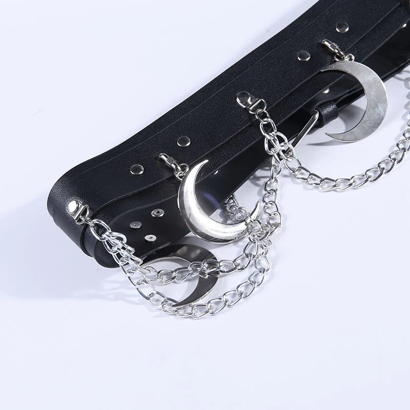 Gothic Style Black PU Leather Moon Pendant Metal Chain with Female Rivet Buckle Belt Decoration
