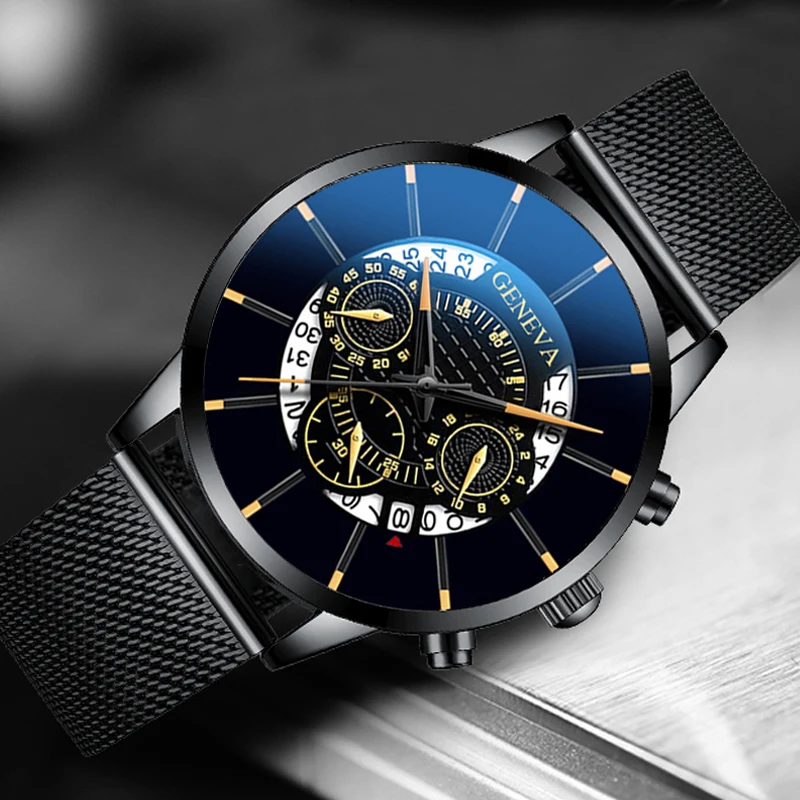 Luxury Men's Fashion Business Calendar Watches Blue Stainless Steel Mesh Belt Analog Quartz Watch relogio masculino