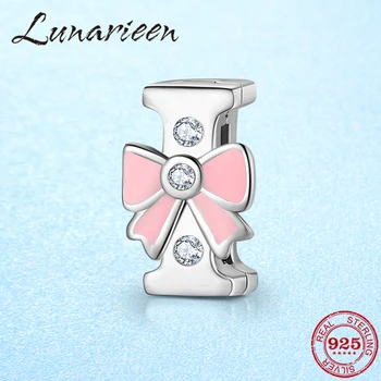 

925 sterling silver Sparkling CZ pink bow I Letter clips beads Fit Original reflection Clip Charm Bracelet Jewelry