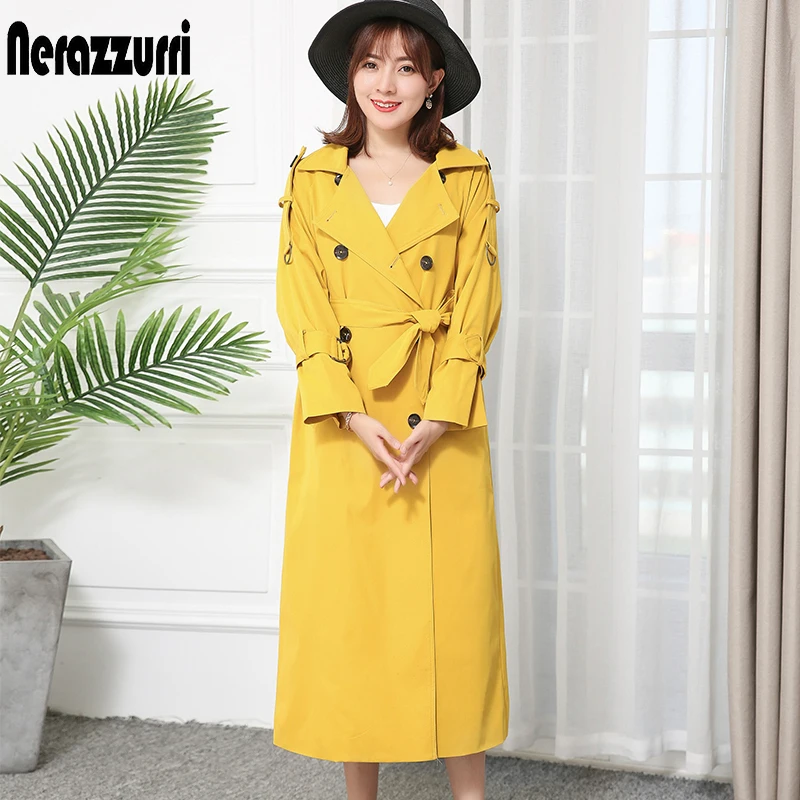 Nerazzurri тренч женский длинный без руковов высокое качество модное пальто для женщин осень двубортное теплое желтый синий красный хаки длинное пальто тренчкот большой размер плащ тренч оверсайз тренч с поясом