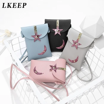 

New Women Bag Mini Phone Coin Bag PU Leather Shoulder Messenger Bag Star Moon Sequin Crossbody Bag Coin Purse Bolsa Feminina
