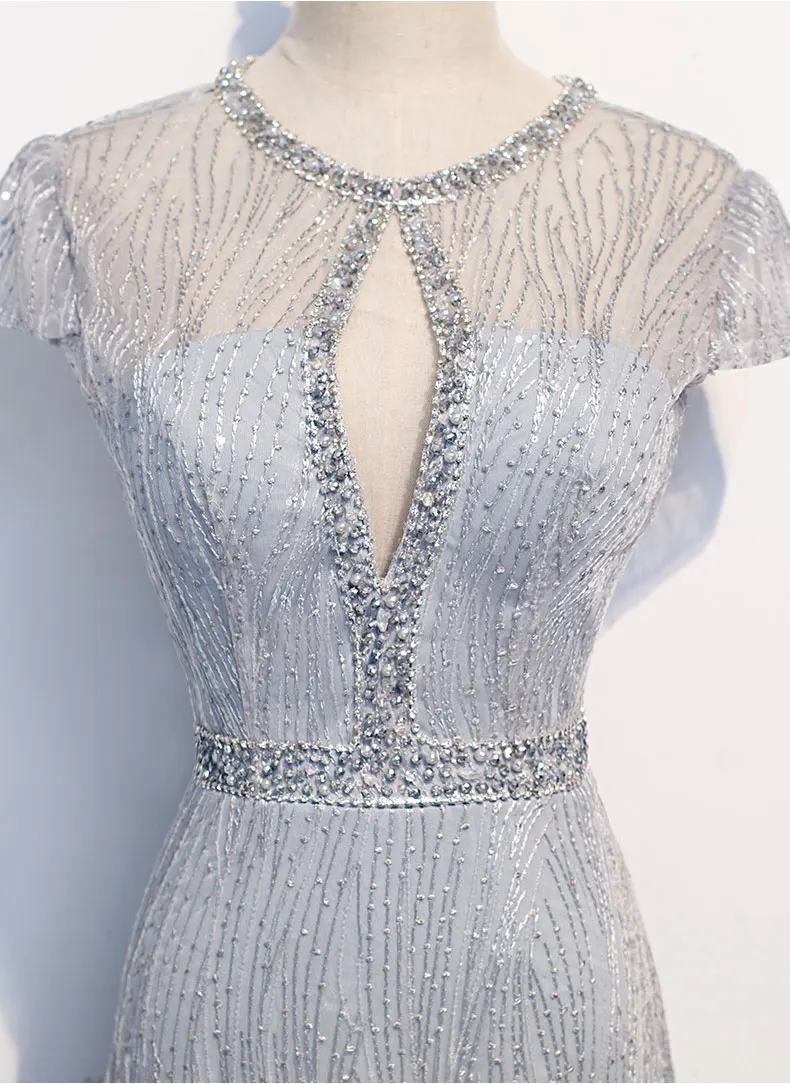 Beauty-Emily O Neck Elegant Mermaid Evening Dresses Long Sleeveless Beads Sequins Crystal Silver Sexy Formal Party Dress 2020 red evening dress