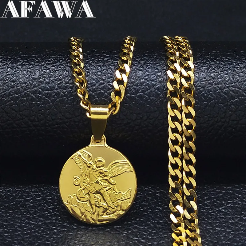 Archangel Saint Michael Stainless Steel Chain Necklace for Women Men Gold Color Pendant Necklaces Jewelry colier