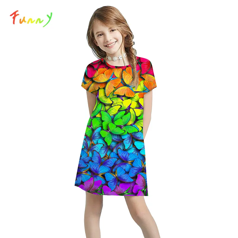 Fashion 3D Print Butterfly Unicorn Girls Party Dress Kids Clothes Round Neck Short Straight Toddler Dresses Children Clothing | Детская