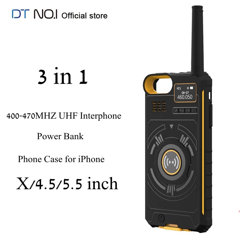 DTNO.I NO.1 IP01 3 in 1 400-470MHZ UHF 5KM Interphone Outdoor Walkie Talkie + 3500mAh Power Bank + Phone Case for iPhone X/6/7/8