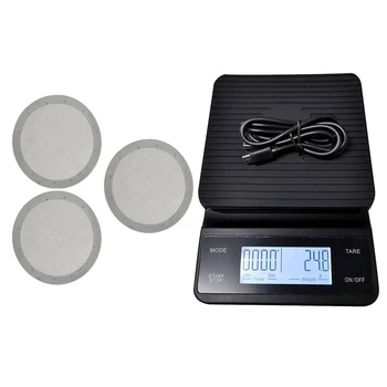 

WSFS Hot 3 Pcs Coffee Metal Filter - Reusable Stainless Steel Filter & 1 Set 0.1G-3Kg Timer Coffee Scale