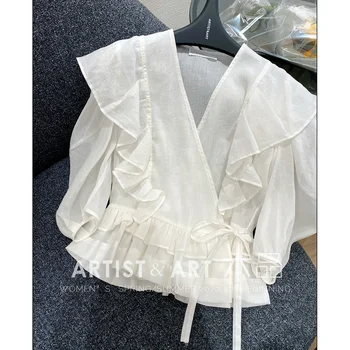 

Svoryxiu Elegant Ruffles V-Neck White Ramie Blouse Shirt Women's Fashion Puff Sleeve Designer Brand Summer Blouse Top Female