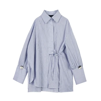 

Women Blue Striped Bandage Big Size Blouse New Lapel Long Sleeve Loose Fit Shirt Fashion Tide Spring Autumn 2020