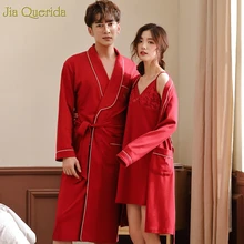 Красная Свадебная домашняя одежда для пар, хлопок, длинный рукав, халат, набор платьев, вышивка, кимоно, халат, элегантный кружевной женский халат, набор, Новинка