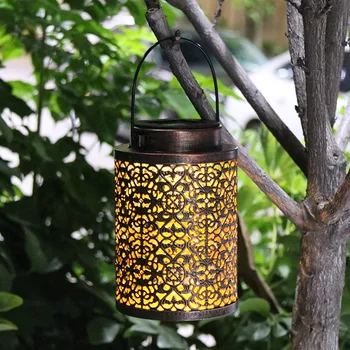 

Fence Retro Home Decor Landscape Iron Art Hanging Lantern Hollowed Led Pathway Night Outdoor Lighting Garden Solar Lamp Lawn