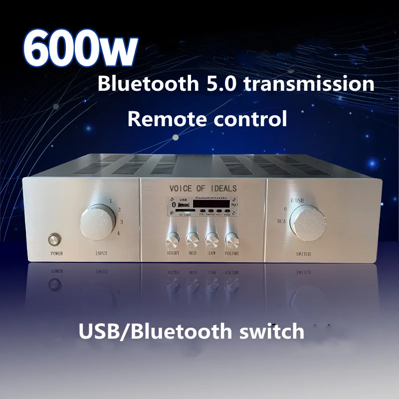 

AC220V 600W 2.0 Channel Bluetooth 5.0 USB Input Remote Control Fever Hifi Pure After-stage Audio Amplifier Stage Home Theater