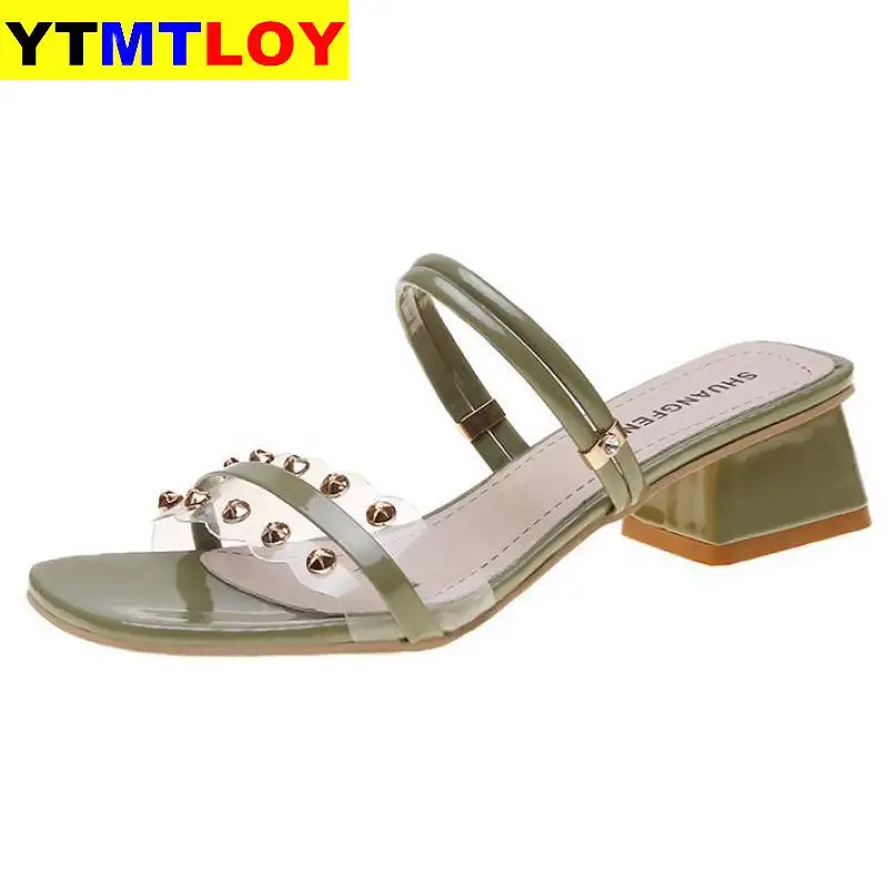 

Summer Sandals Women Shoes Women Mules Metal Slides Peep Toe Transparent Square High Heels Female Shoes Gladiator Rivet Square