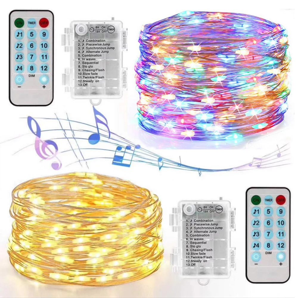 thumbnail image 1 of Guirnalda de luces navideñas con control de sonido y música, funciona con pilas o USB, 5 m, 500 LED/10 m, 100 LED, alambre plateado, con mando a distancia, 1 of 4