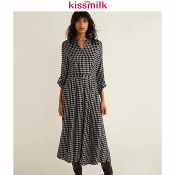 

Kissmilk 2020 Autumn And Winter Simple Casual Large Shirt British Style Plaid Long Sleeve To Calf Dress