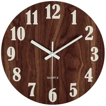 

Original 12 Inch Brown Night Light Function Wooden Wall Clock Vintage Rustic Country Tuscan Style For Kitchen Office Home Silent