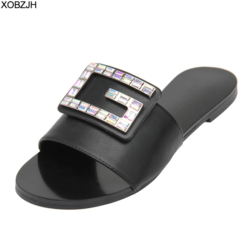 

Summer Shoes Women Flat Designer Sandals 2019 G Luxury Brand Style Rhinestone Ladies Leather Black Sandals Slippers Shoes Woman