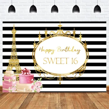

Sweet 16th Birthday Backdrop for Photography Girl Princess Birthday Party Background Paris Eiffel Tower Photocall Gifts Stripes