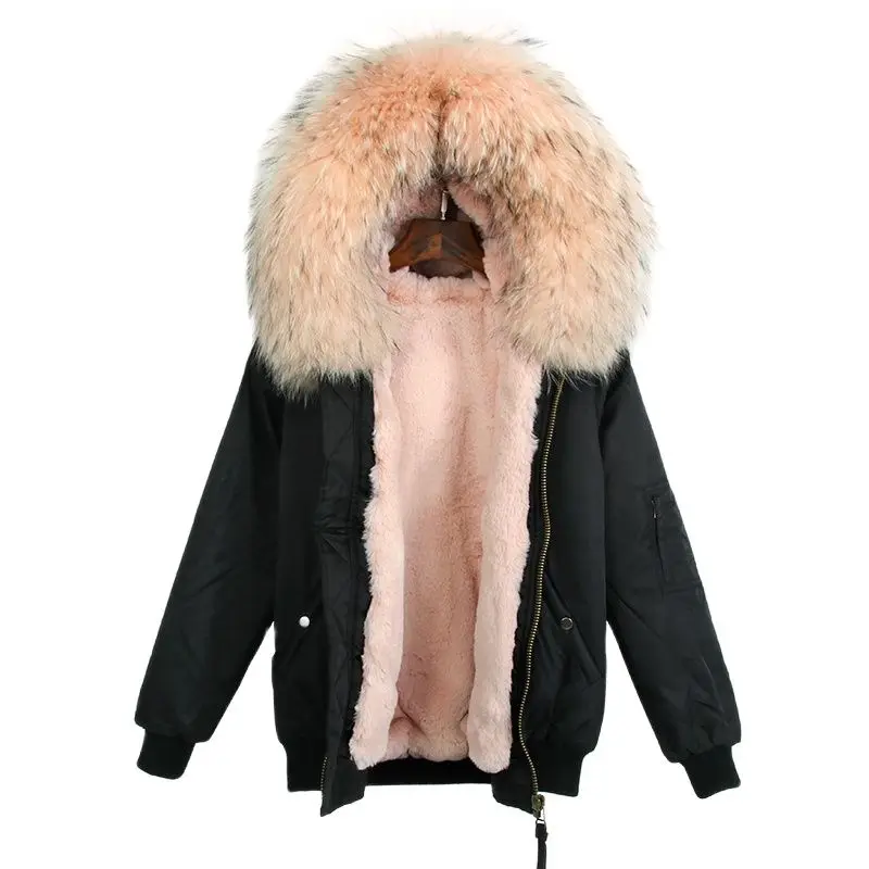 

Classic Black Jacket With Pink Fur Lining Women Winter Blazer Rex Rabbit Fur Bomber Coat