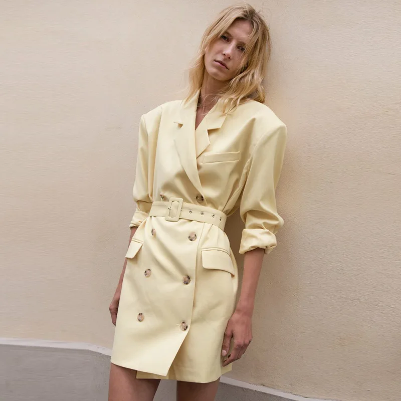 

2019 Double-breasted Suit Outerwear Minimally Skinny Waistband Loose Mid-Long Suit Notched Button Women Jackets and Coats Suit