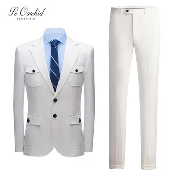 

PEORCHID White Male Wedding Suit Trajes De Novio 2020 Designer Slim FIt Men Casual Suit For Men Business Blazers Pants