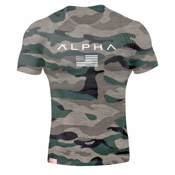 

2019 Summer Alpha Printed T Shirt Mens Casual Fitness Bodybuilding Streetwear Short Sleeves Slim Fit Cotton T-Shirt Clothing