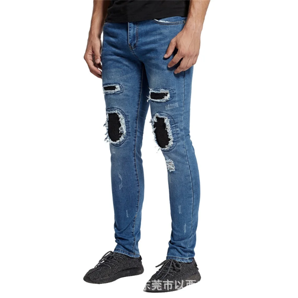 EH·MD® Ligament High Stretch Jeans Men's Tight-fitting Washed Holes Blue Feet Pure Cotton Black Pleated Decoration Cat Whisks