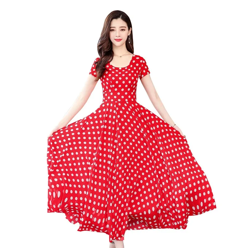 

Women Bohemian Short Sleeve Long A Word White Polka Dot Sweet Red Dress Dresses