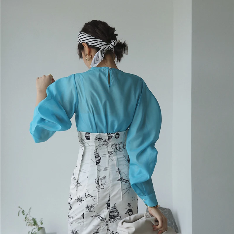 GALCAUR/женские Лоскутные рубашки с круглым вырезом и пышными рукавами в Корейском стиле, женская рубашка блузка Осенняя негабаритная модная новинка